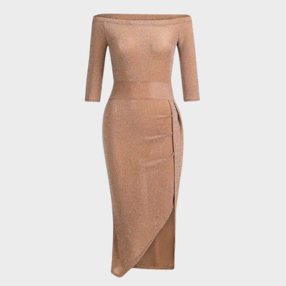 Elegant off-shoulder sommerkjole i lett materiale, tilgjengelig i seks farger, perfekt for festlige anledninger.