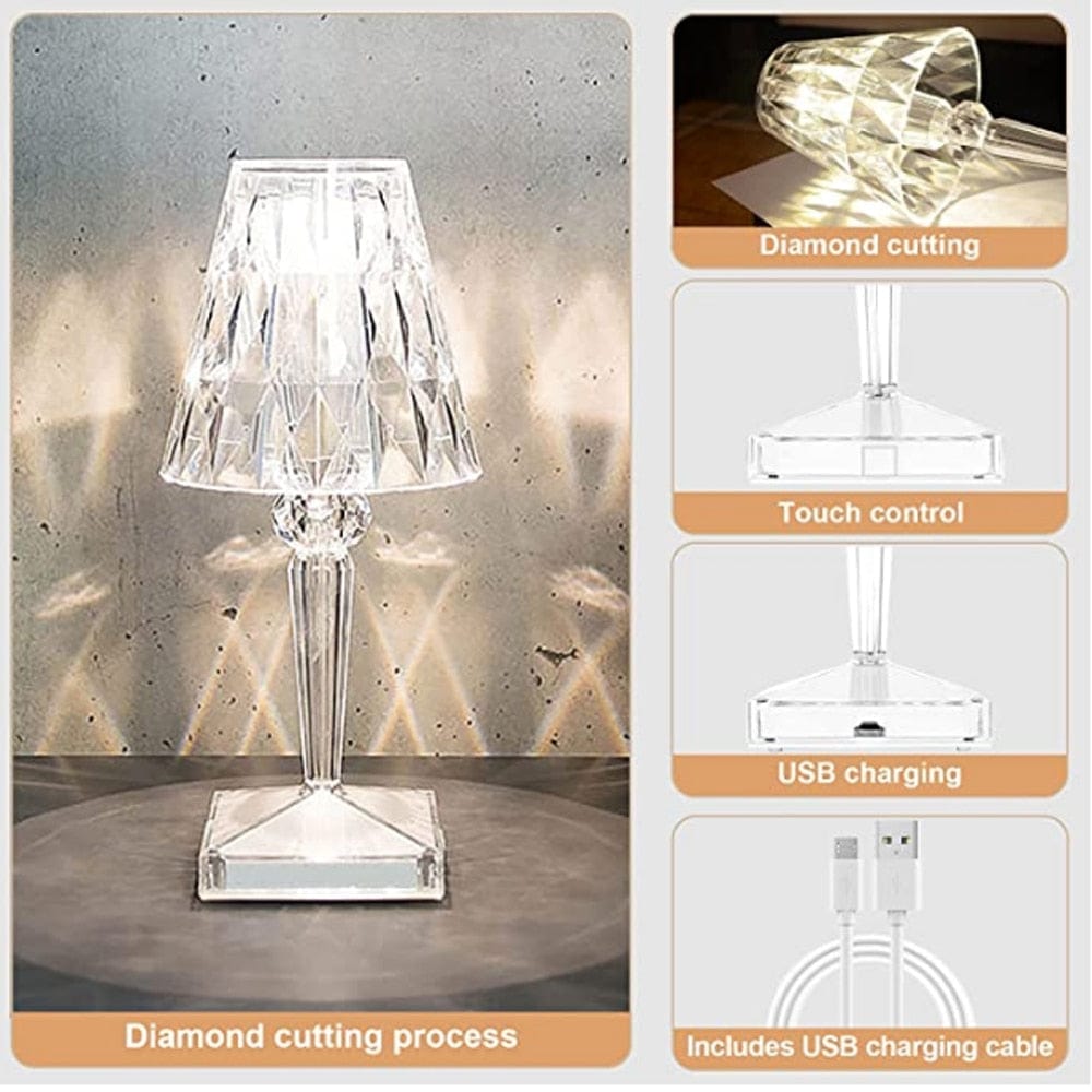 Allsidig trådløs bordlampe med diamantdesign. Oppladbar LED-lampe skaper elegant stemning i hjemmet.