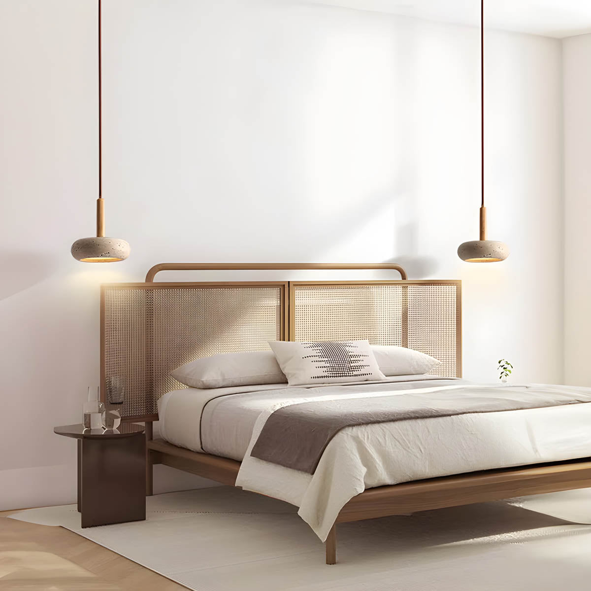 "Elegant pendellampe i gul travertin med LED-lys, organisk design, skaper en sofistikert atmosfære i rommet."