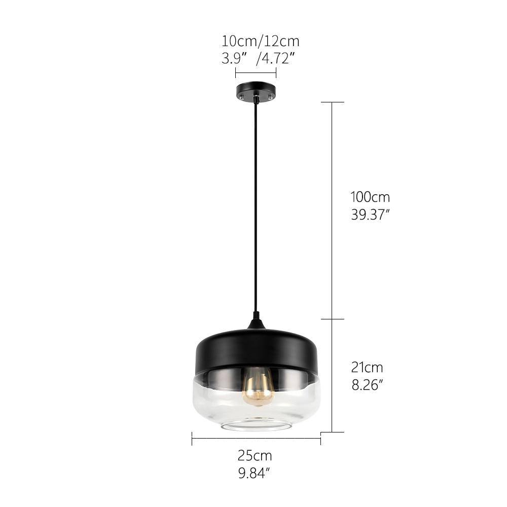 "Elegant pendellampe i håndblåst glass, justerbar, med transparent skjerm og svart snor for moderne interiørdesign."