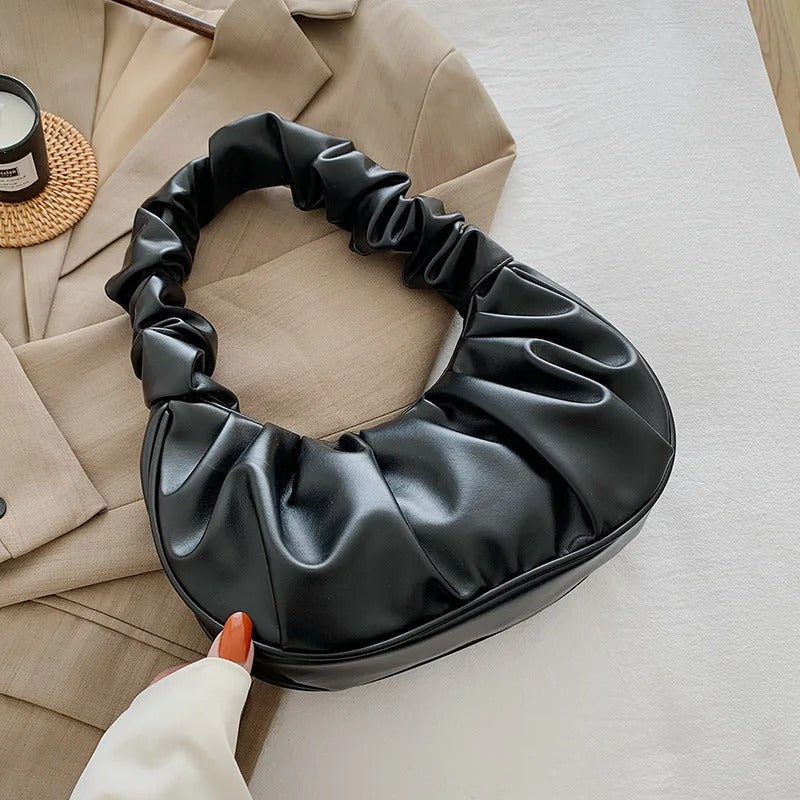 Elegant plissert skulderveske i sort PU-skinn for kvinner, trendy hverdagstilbehør