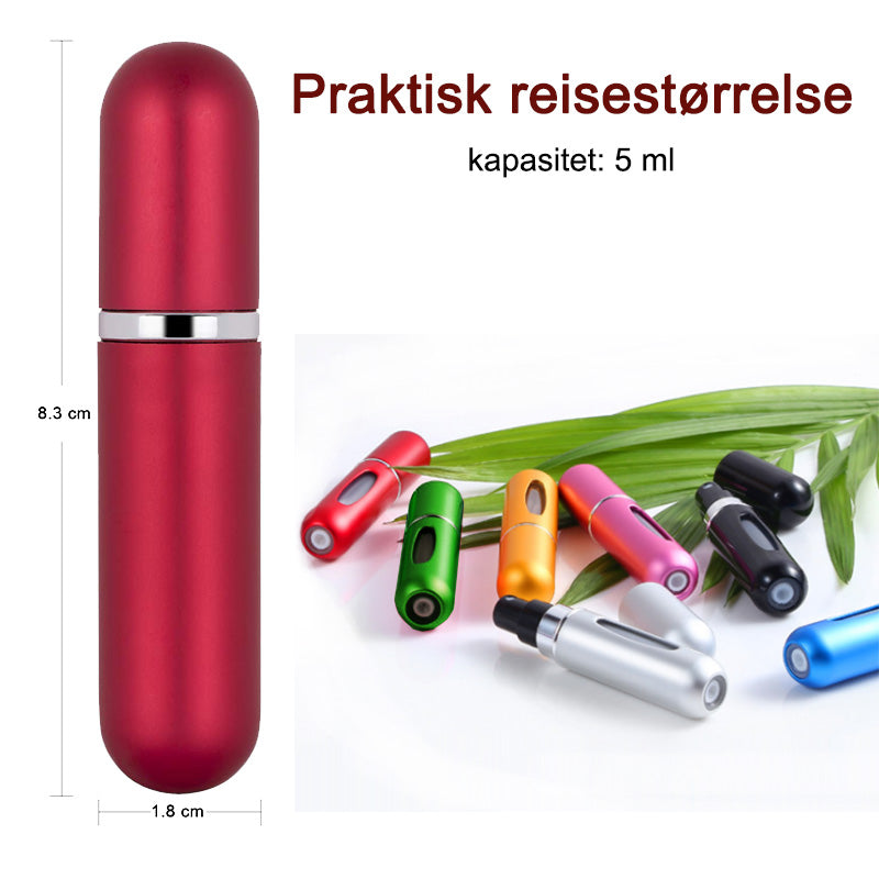 "Elegant refillbar reise-parfymespray for damer, kompakt 5 ml, flere fargevalg, lekkasjesikker, perfekt for håndbagasje."