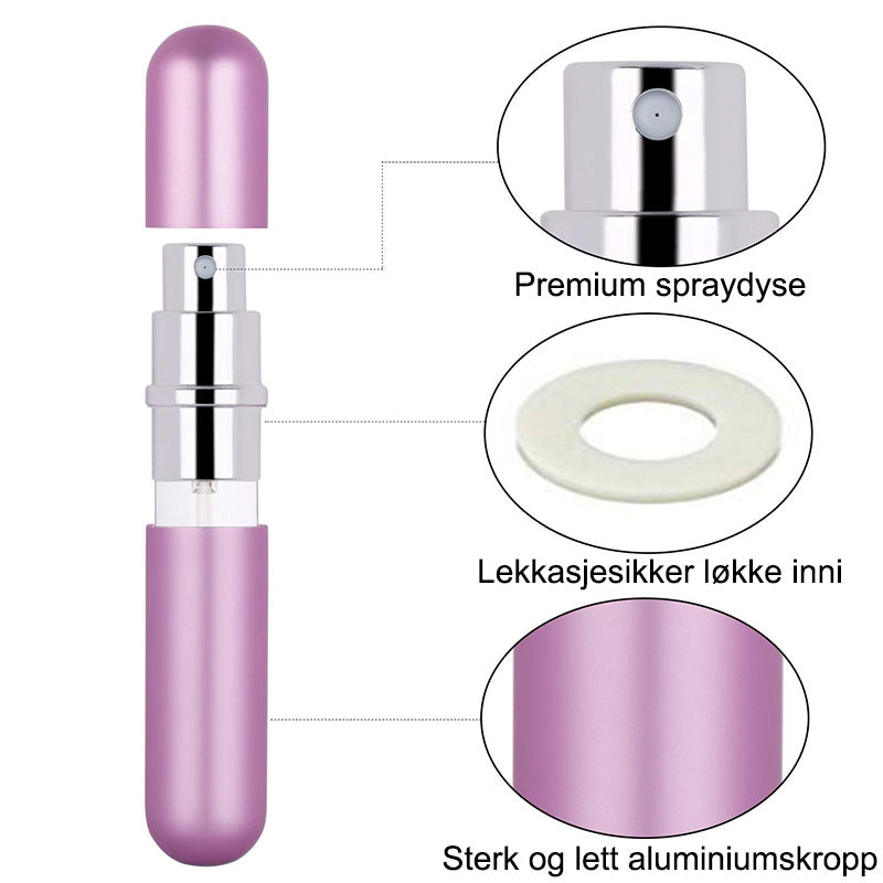 "Elegant refillbar reise-parfymespray for damer, kompakt 5 ml, flere fargevalg, lekkasjesikker, perfekt for håndbagasje."