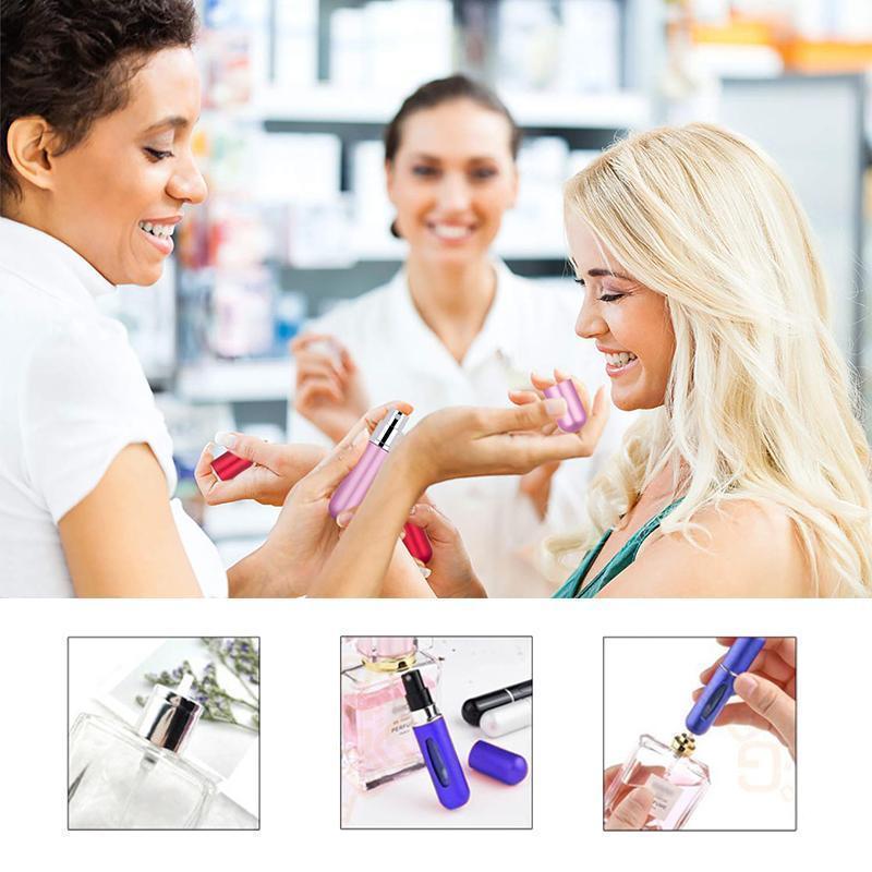 "Elegant refillbar reise-parfymespray for damer, kompakt 5 ml, flere fargevalg, lekkasjesikker, perfekt for håndbagasje."