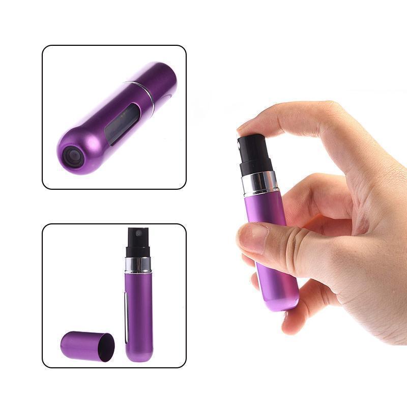 "Elegant refillbar reise-parfymespray for damer, kompakt 5 ml, flere fargevalg, lekkasjesikker, perfekt for håndbagasje."