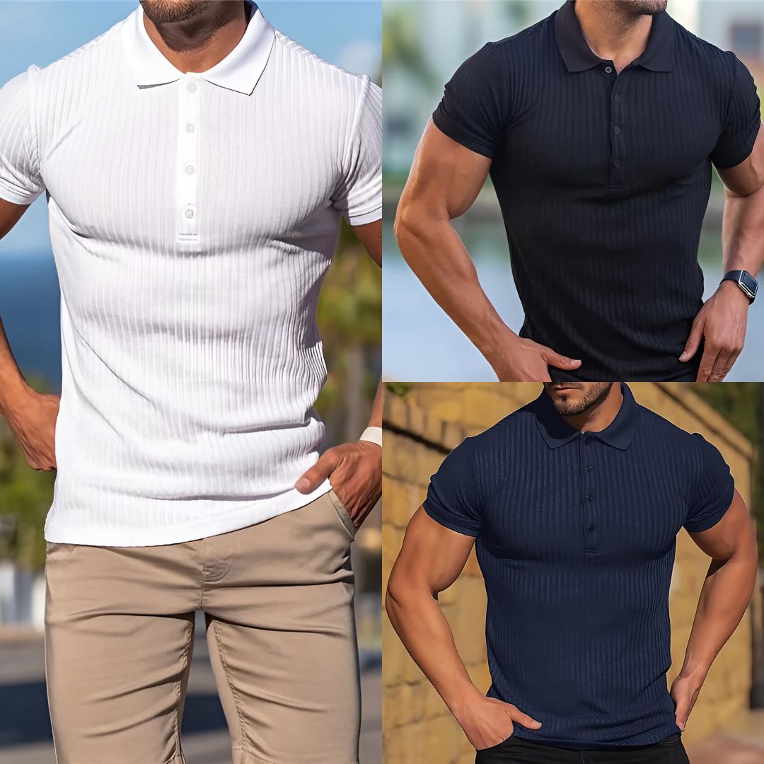 Stilig ribbet chiffon herrepolo t-skjorte, pustende og elegant. En komfortabel klassiker for den moderne mann.