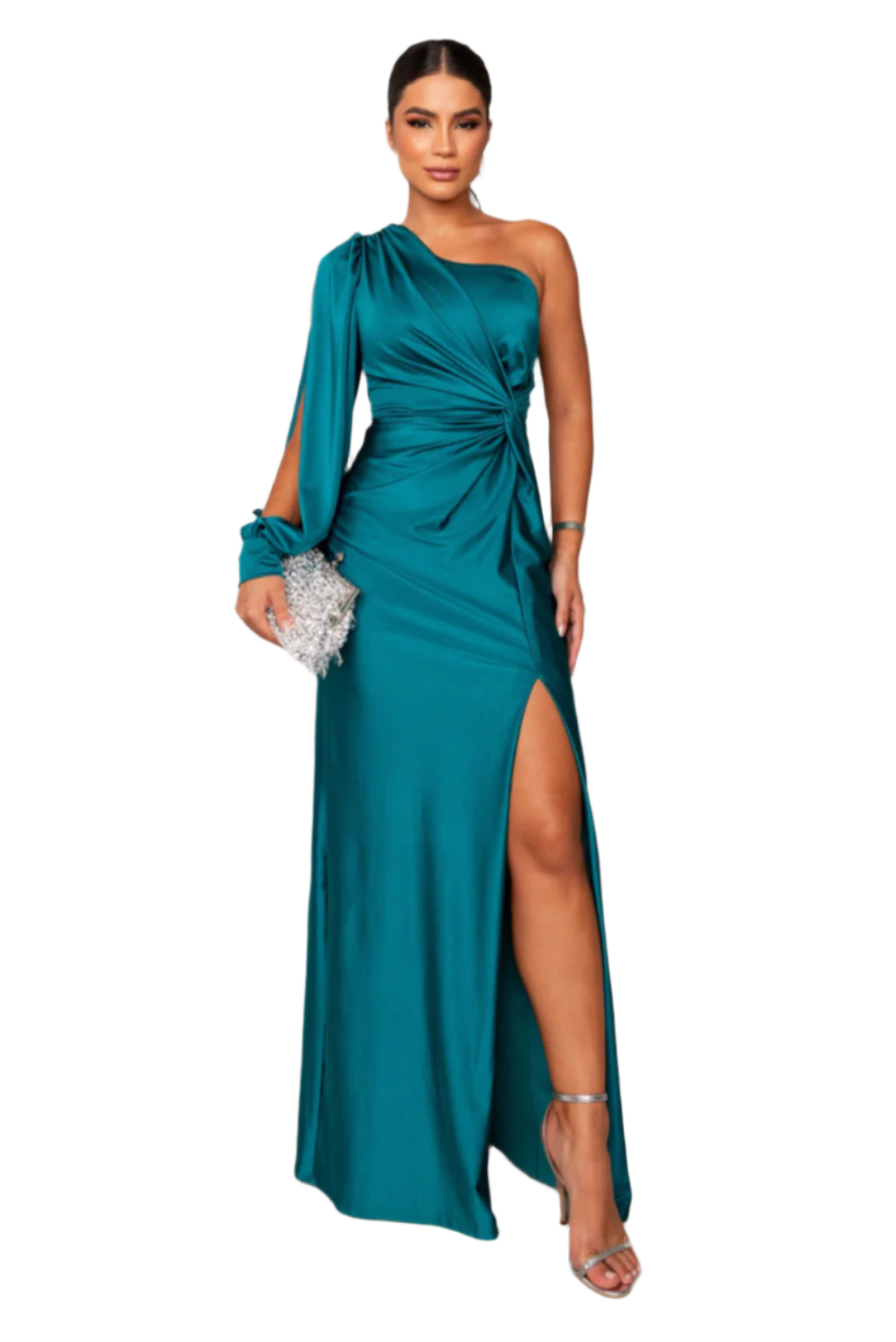 Elegant satin kjole med én erme og splitt, perfekt for fest og selskap.