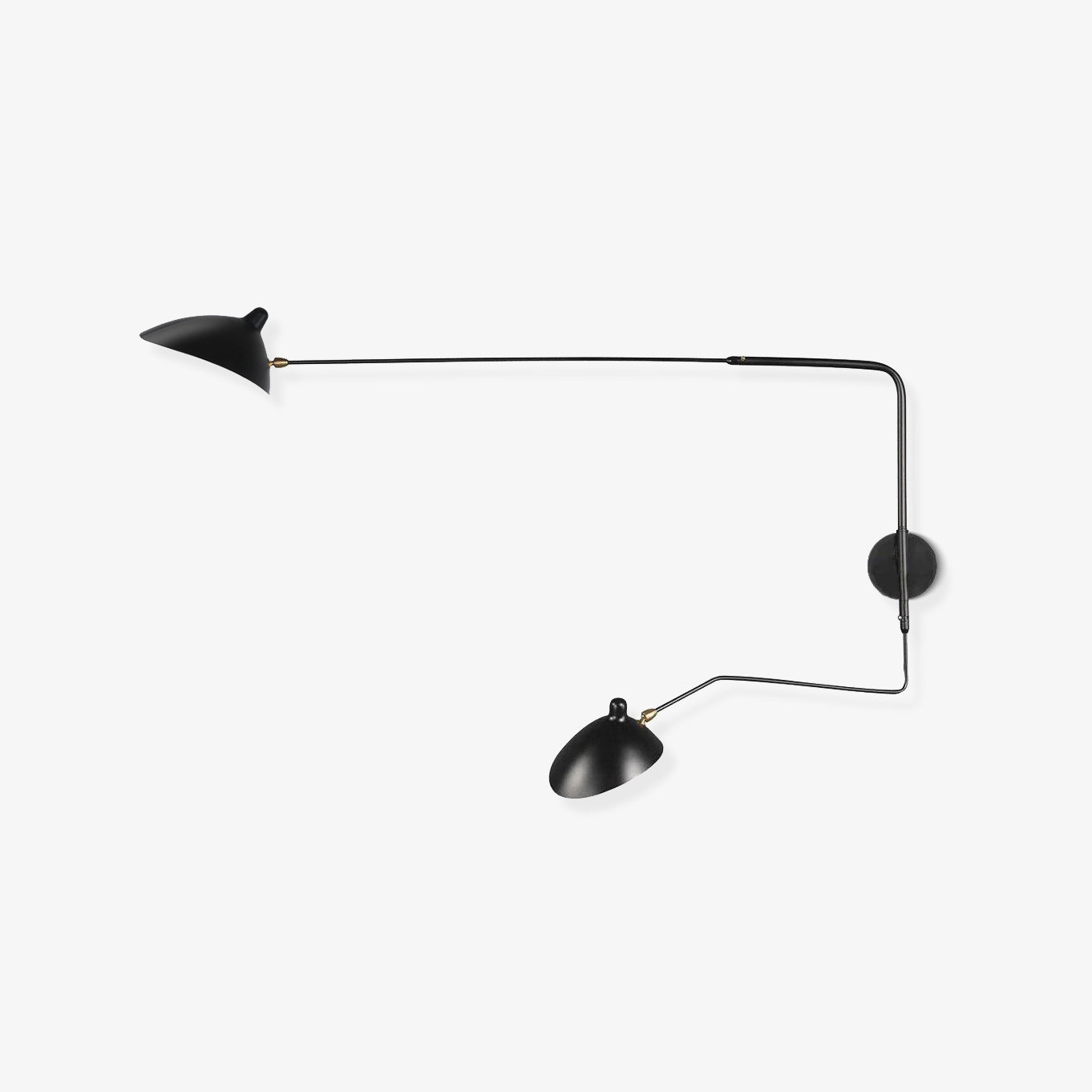 "Elegant Serge Mouille vegglampe med justerbar arm, insektlignende design, passer moderne innredning i svart eller hvit."