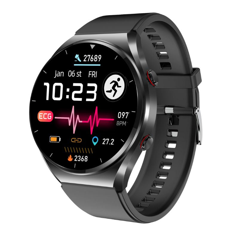 "Elegant smartswatch med EKG, HRV og blodsukkerovervåking; moderne design for personlig helseovervåkning."