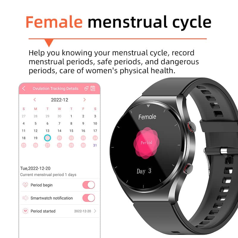 "Elegant smartswatch med EKG, HRV og blodsukkerovervåking; moderne design for personlig helseovervåkning."