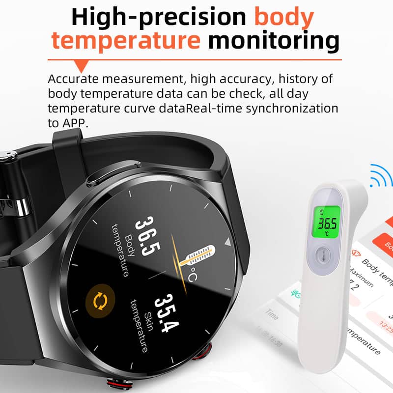 "Elegant smartswatch med EKG, HRV og blodsukkerovervåking; moderne design for personlig helseovervåkning."