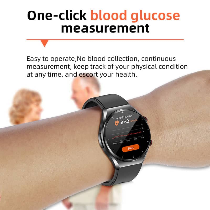 "Elegant smartswatch med EKG, HRV og blodsukkerovervåking; moderne design for personlig helseovervåkning."