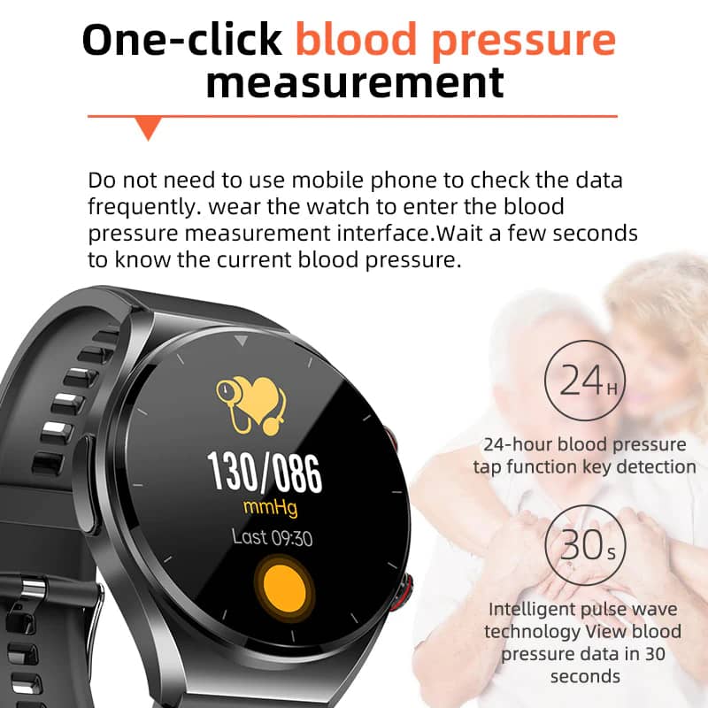 "Elegant smartswatch med EKG, HRV og blodsukkerovervåking; moderne design for personlig helseovervåkning."