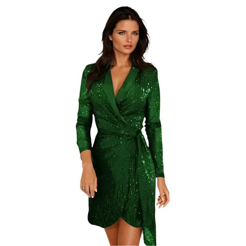 Elegant sort blazerkjole for kvinner med glitrende paljettdetaljer, perfekt som festkjole.