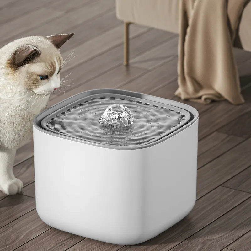 "Elegant, stille kjæledyr vannfontene, 3L kapasitet, BPA-fri materiale, sikrer frisk, filtrert vann for kjæledyr."