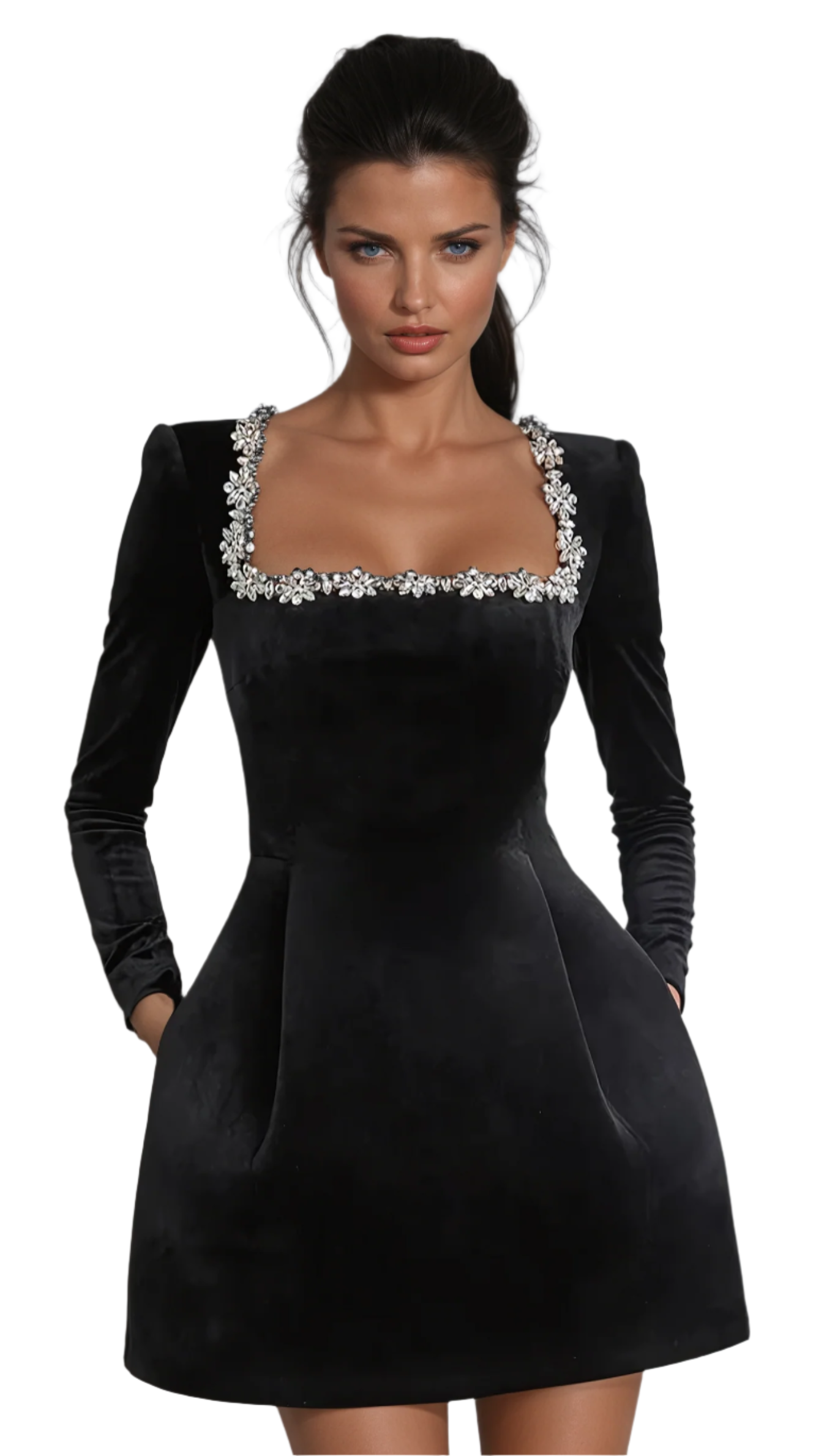 Elegant svart flĂžyels minikjole for kvinner, perfekt som festkjole eller kveldsantrekk.