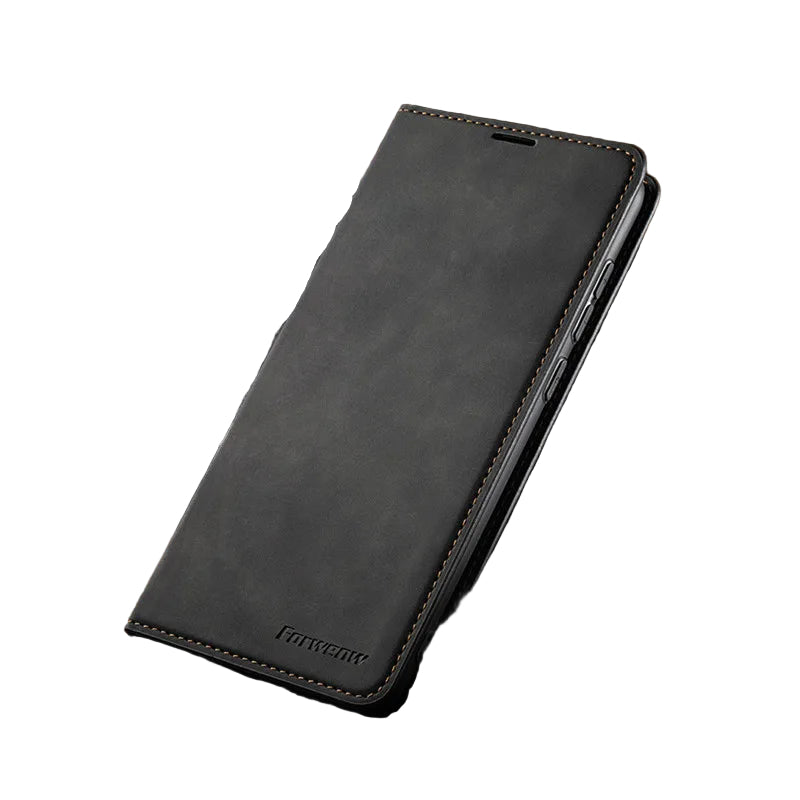 Elegant svart magnetisk iPhone-deksel i premium lær, mobilbeskyttelse med stil for menn og kvinner.