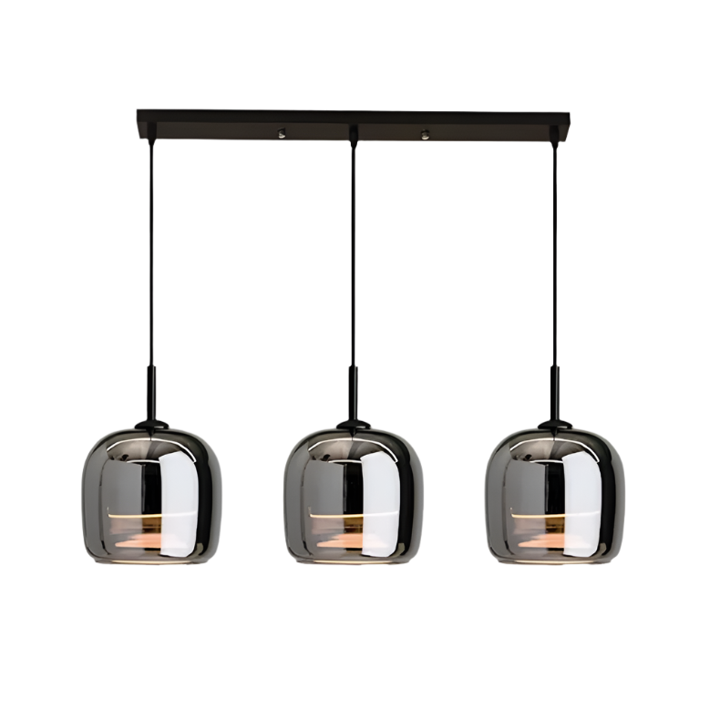 "Elegant svart pendellampe i glass med LED-lys, moderne nordisk design, passer til stilige interiører og hotellrom."