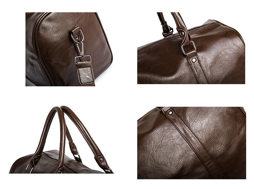 Ryggsiden av menns duffelbag i svart skinn, viser ekstra lommer, en praktisk reiseveske og allsidig weekendbag.