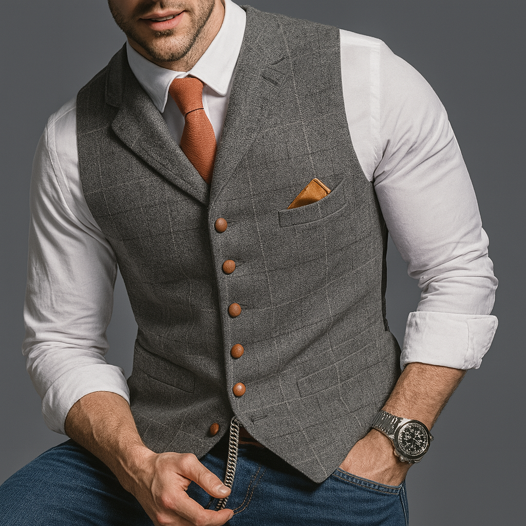 "Elegant svart V-hals vest med dobbeltspent lukking, perfekt for formelle anledninger og stilig herremote."