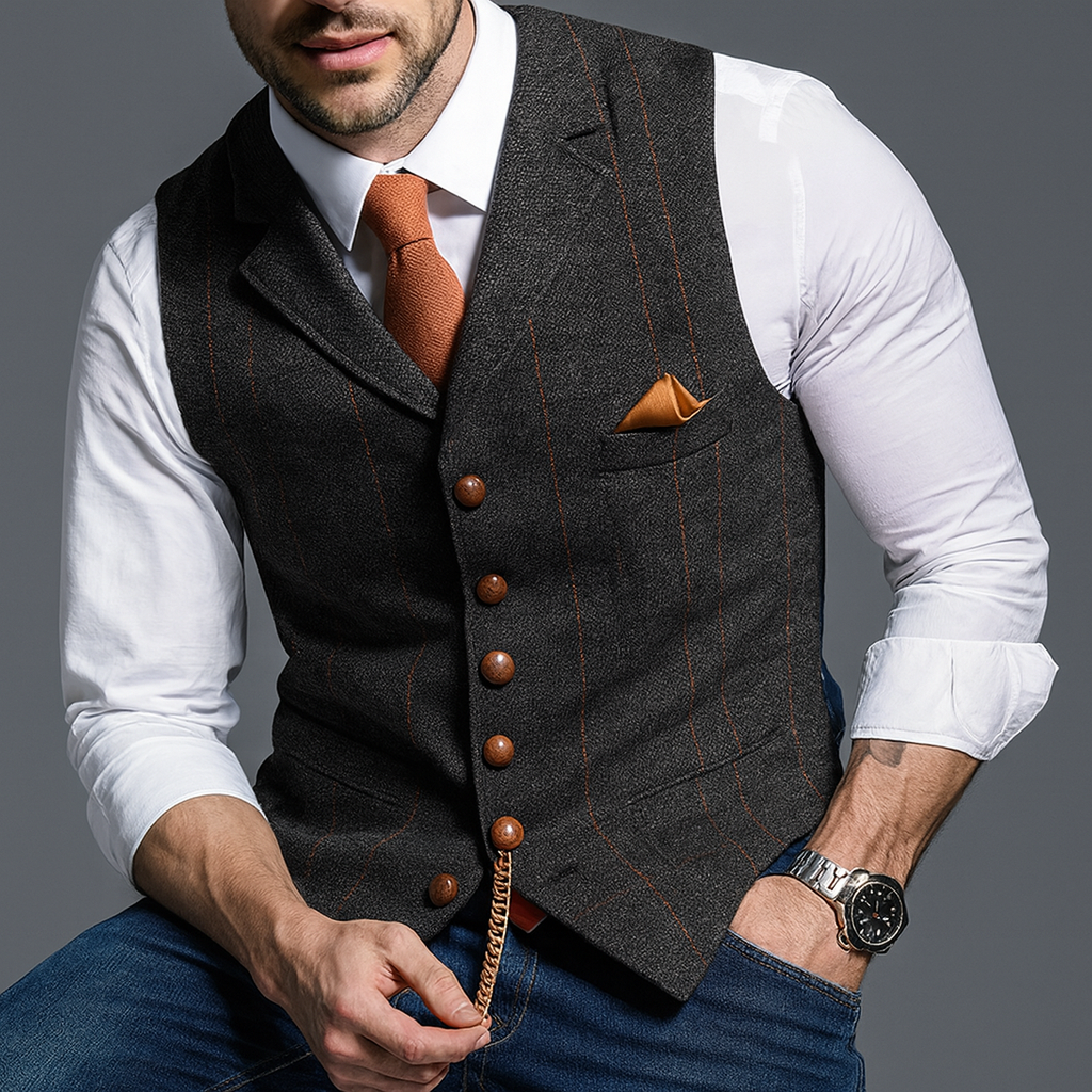 "Elegant svart V-hals vest med dobbeltspent lukking, perfekt for formelle anledninger og stilig herremote."