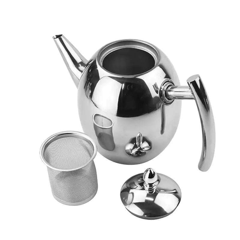Elegant tekanne i rustfritt stål med slank design, perfekt for servering av løs te i hjemmet.