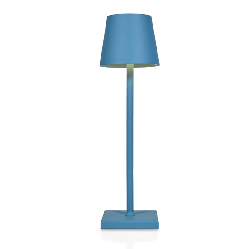 "Elegant trådløs bordlampe med USB, trinnløs lysjustering, i aluminium. Perfekt for stue, soverom, eller utendørs bruk."