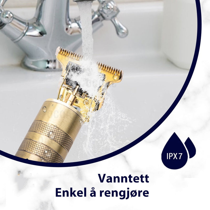 "Elegant trådløs hårtrimmer for menn, kompakt, vanntett og med støyreduksjon for presis trimming."