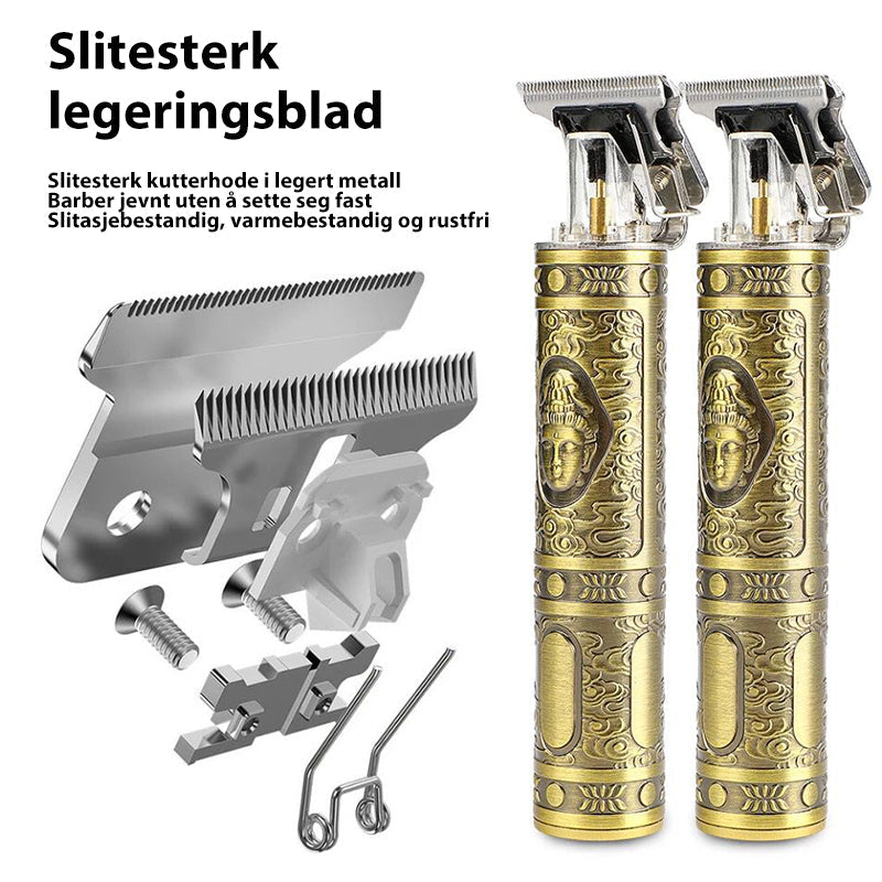"Elegant trådløs hårtrimmer for menn, kompakt, vanntett og med støyreduksjon for presis trimming."