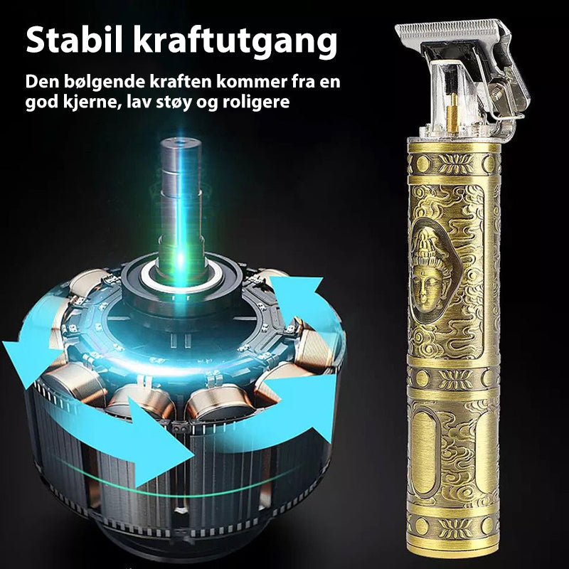 "Elegant trådløs hårtrimmer for menn, kompakt, vanntett og med støyreduksjon for presis trimming."