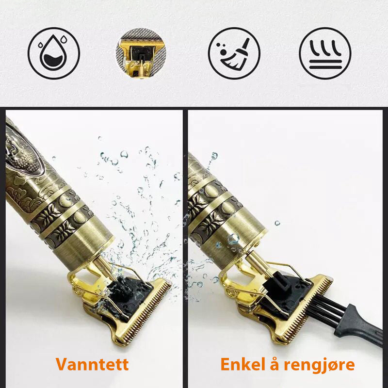 "Elegant trådløs hårtrimmer for menn, kompakt, vanntett og med støyreduksjon for presis trimming."