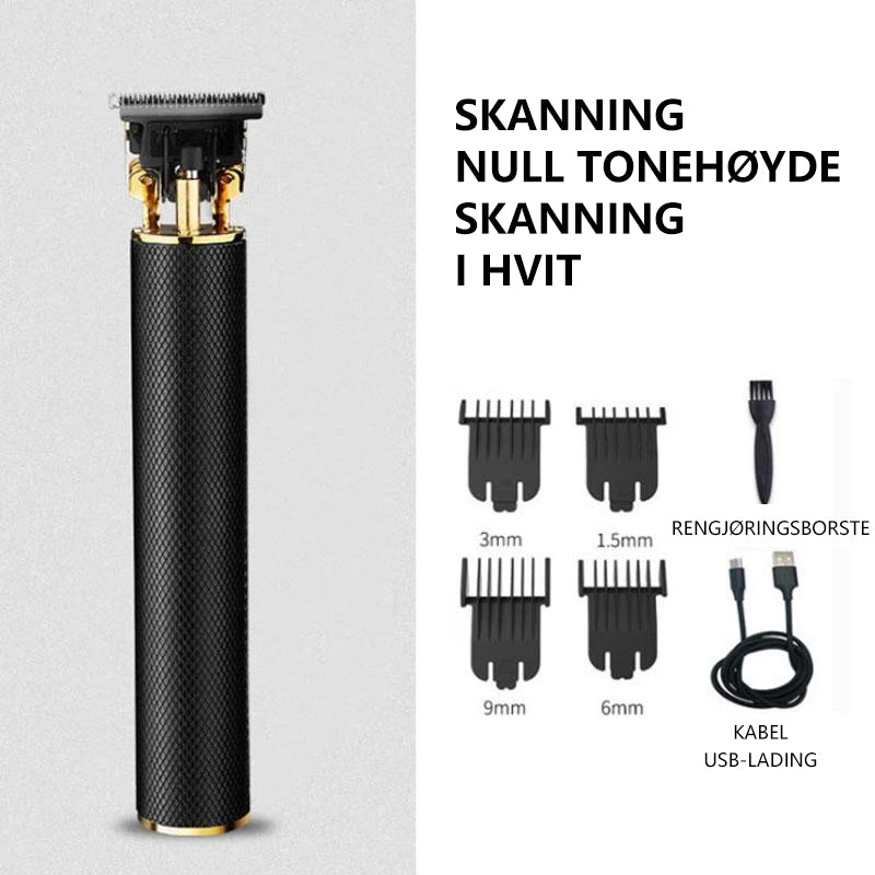 "Elegant trådløs hårtrimmer for menn, kompakt, vanntett og med støyreduksjon for presis trimming."