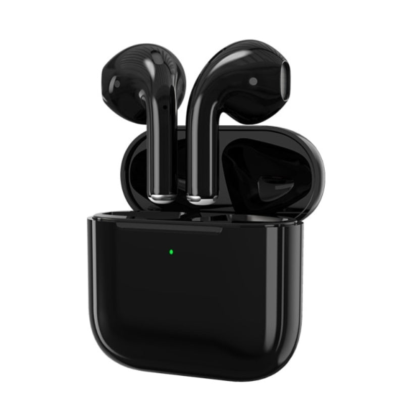 "Elegant trådløse ørepropper med HiFi lyd og Bluetooth 5.0, sorte med kompakt ladeetui, for musikkelskere."