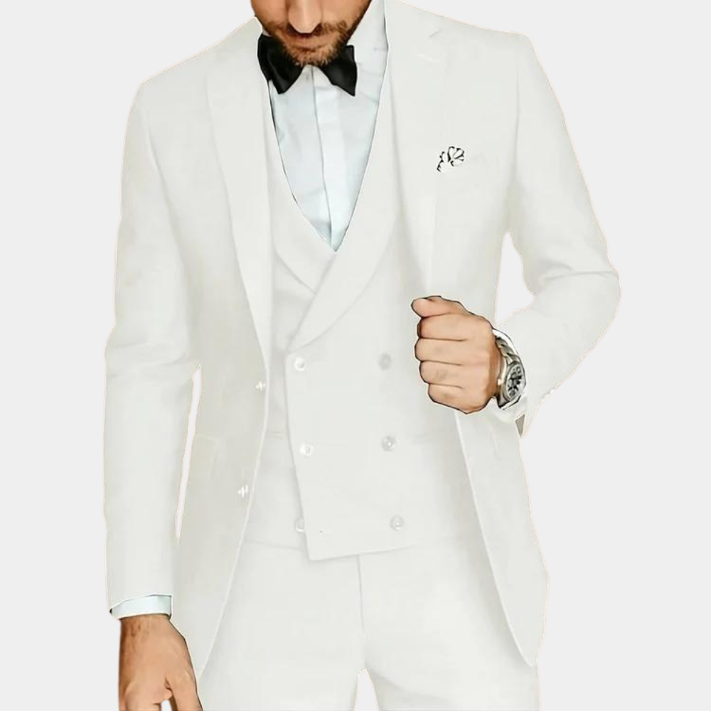"Elegant tredelt sommerset for menn, bestående av blazer, vest og bukser, i stilrene farger som svart og blå."