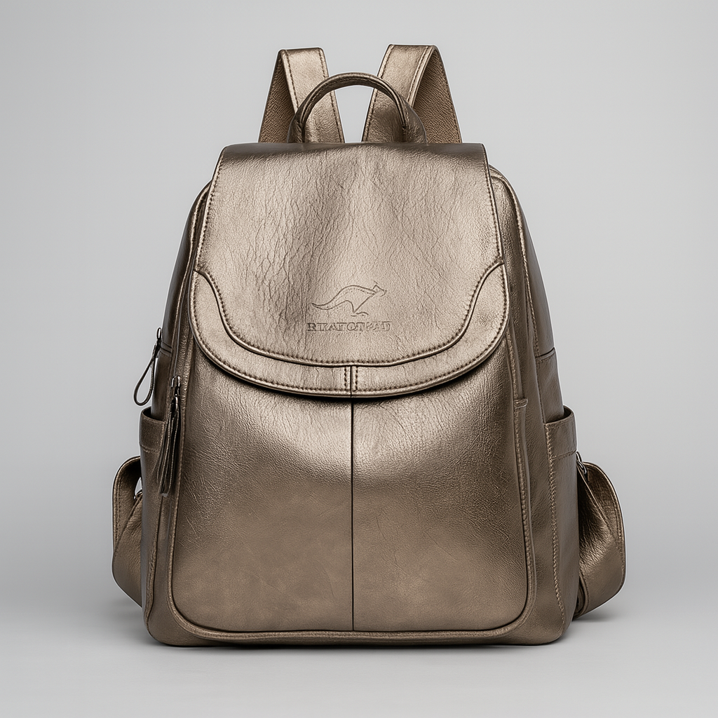 Elegant tyverisikker skinnryggsekk for kvinner, med preget finish, justerbare stropper og praktiske innerlommer.