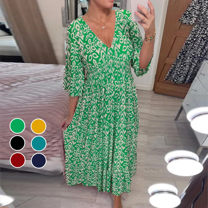 "Elegant V-hals maxi-kjole foran med flare-ermer og fargerikt trykk for kvinner. Perfekt A-line passform for vår og sommer."
