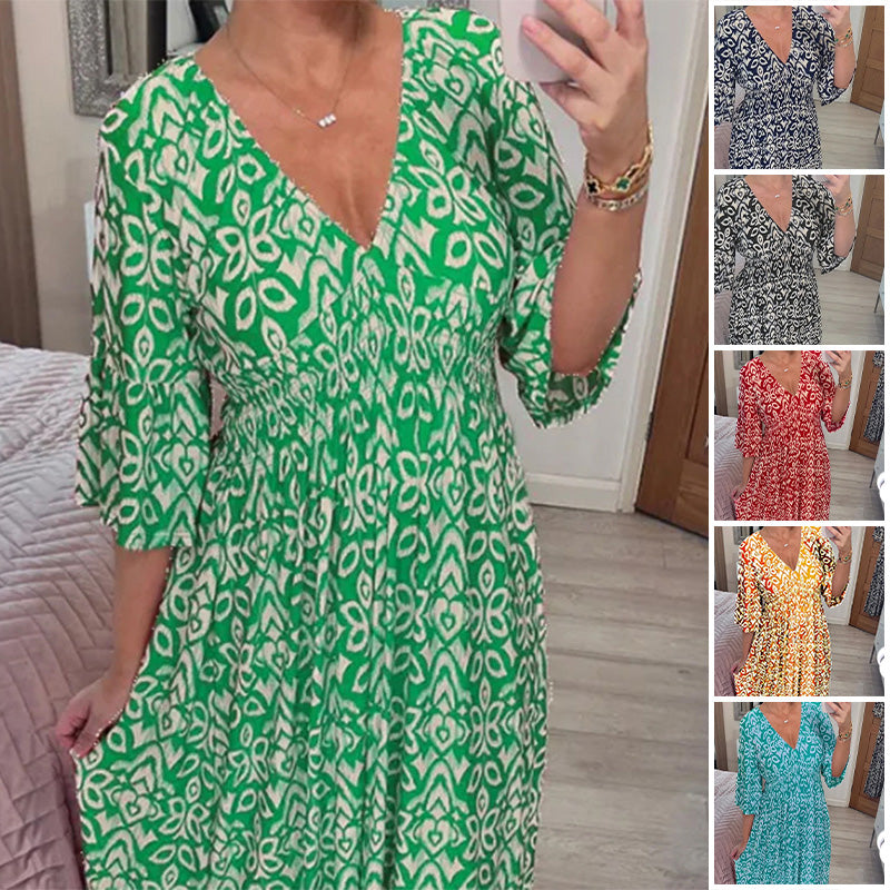 "Elegant V-hals maxi-kjole foran med flare-ermer og fargerikt trykk for kvinner. Perfekt A-line passform for vår og sommer."
