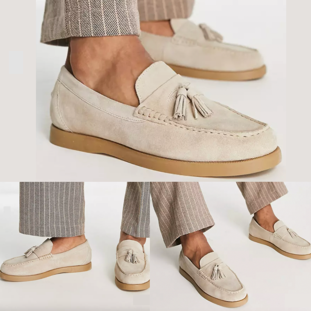 "Elegante beige mokkasiner for menn i skinn, tidløs stil og komfort, perfekt for hverdagsbruk og formelle anledninger."