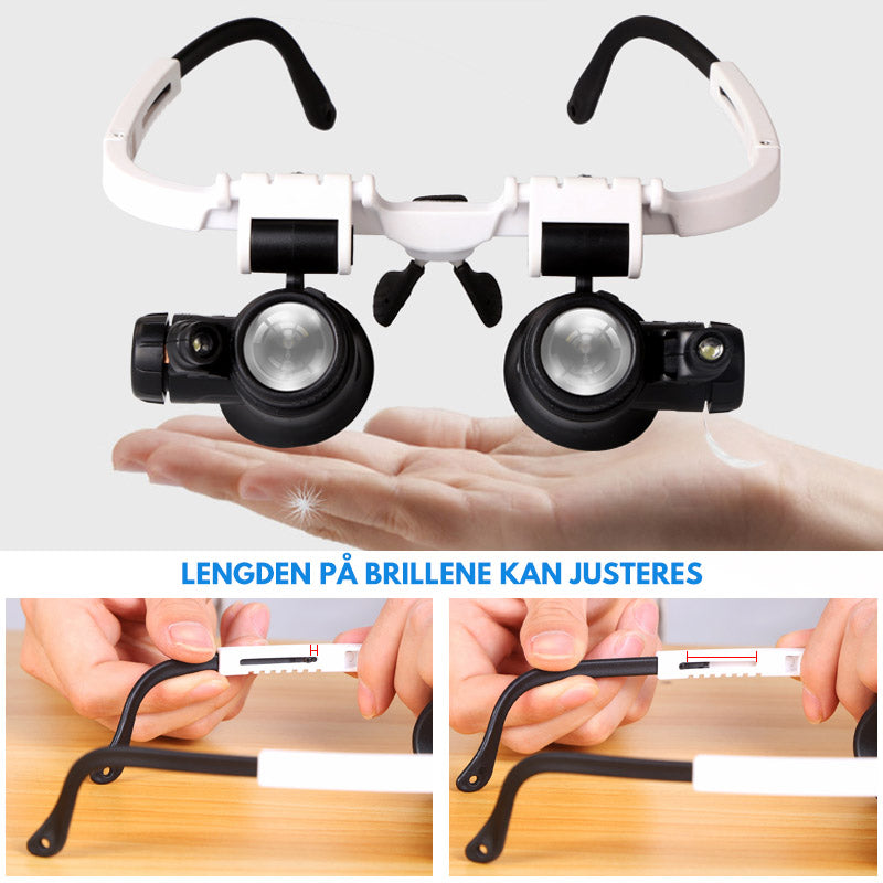 "Elegante LED-briller med forstørrelsesglass, utskiftbare linser og justerbare LED-lys for presisjonsarbeid."