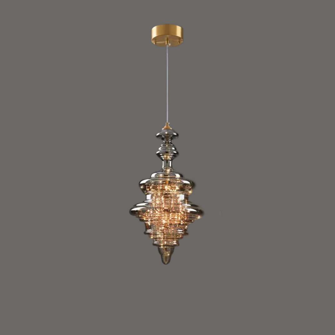 "Elegante moderne pendellampe i grått glass med stjernehimmel-effekt, justerbar høyde, perfekt for alle rom."