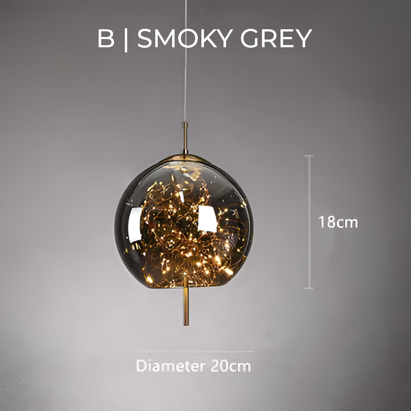 "Elegante pendellampe i mørkebrunt glass med små LED-lys, justerbar ledningslengde; moderne eleganse og klassisk design."