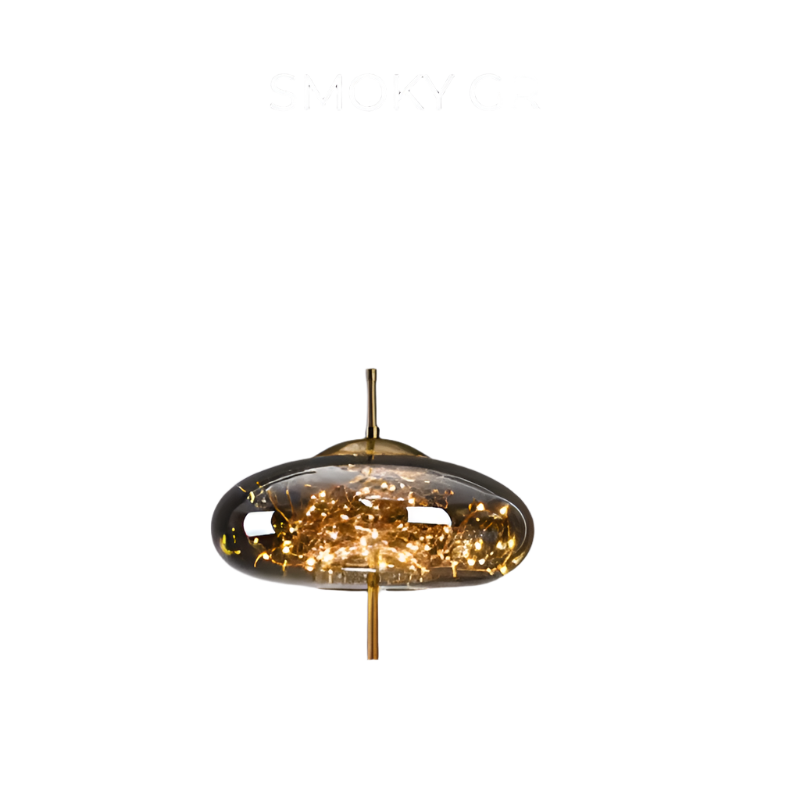 "Elegante pendellampe i mørkebrunt glass med små LED-lys, justerbar ledningslengde; moderne eleganse og klassisk design."