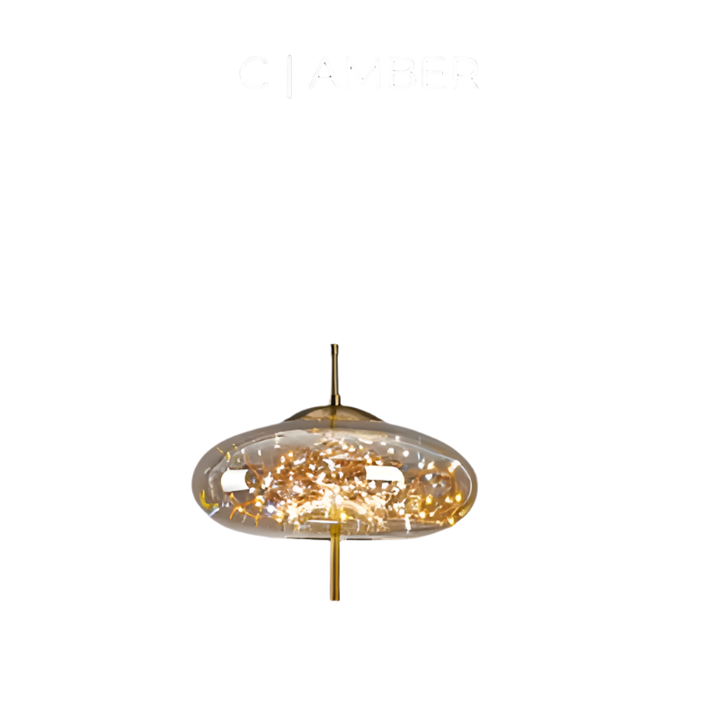 "Elegante pendellampe i mørkebrunt glass med små LED-lys, justerbar ledningslengde; moderne eleganse og klassisk design."