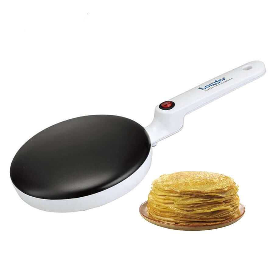 Elektrisk crêpe maker med non-stick overflate, klar til bruk for enkel pannekakelaging.