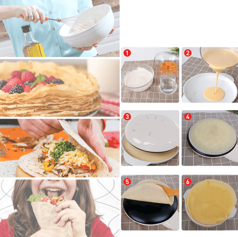 Flere nystekte pannekaker stablet ved siden av den elektriske crêpe makeren, fristende frokost.
