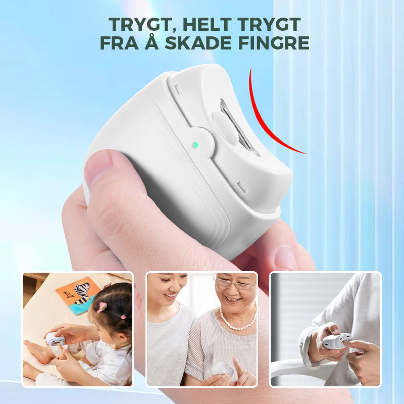 "Elektrisk, ergonomisk negleklipper med oppladbar design. Elegant, buet form med sikker bladskjuling. Enkel bruk."