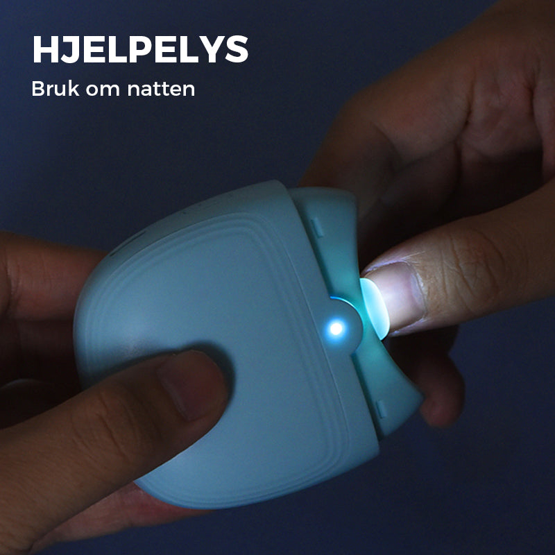 "Elektrisk, ergonomisk negleklipper med oppladbar design. Elegant, buet form med sikker bladskjuling. Enkel bruk."