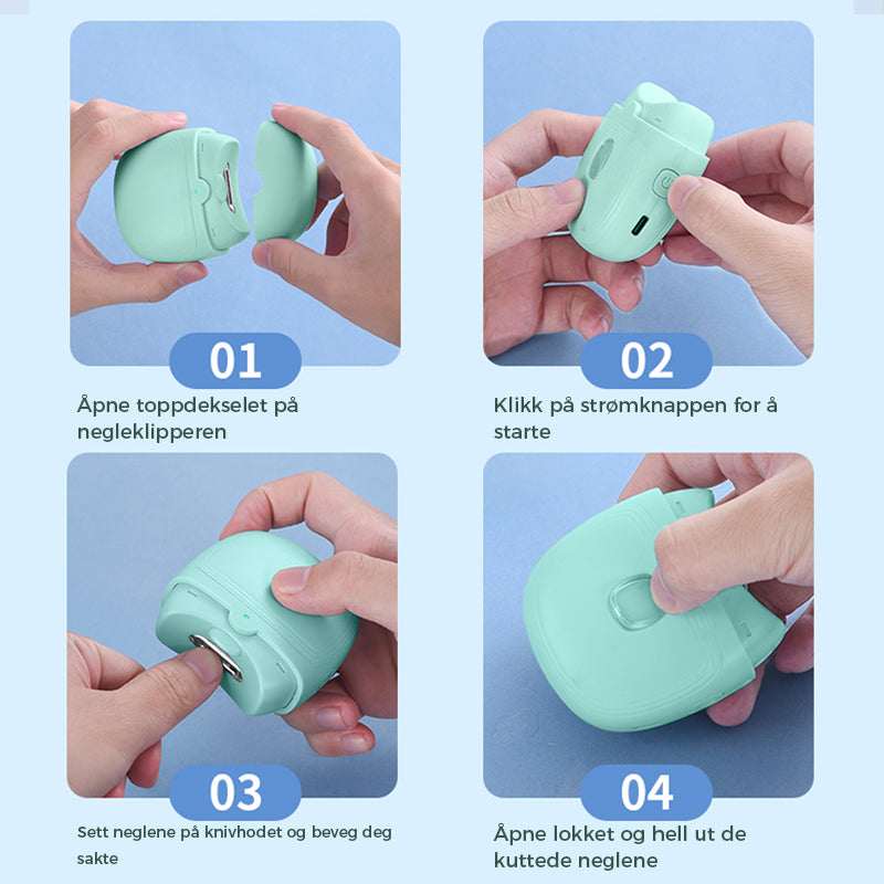 "Elektrisk, ergonomisk negleklipper med oppladbar design. Elegant, buet form med sikker bladskjuling. Enkel bruk."