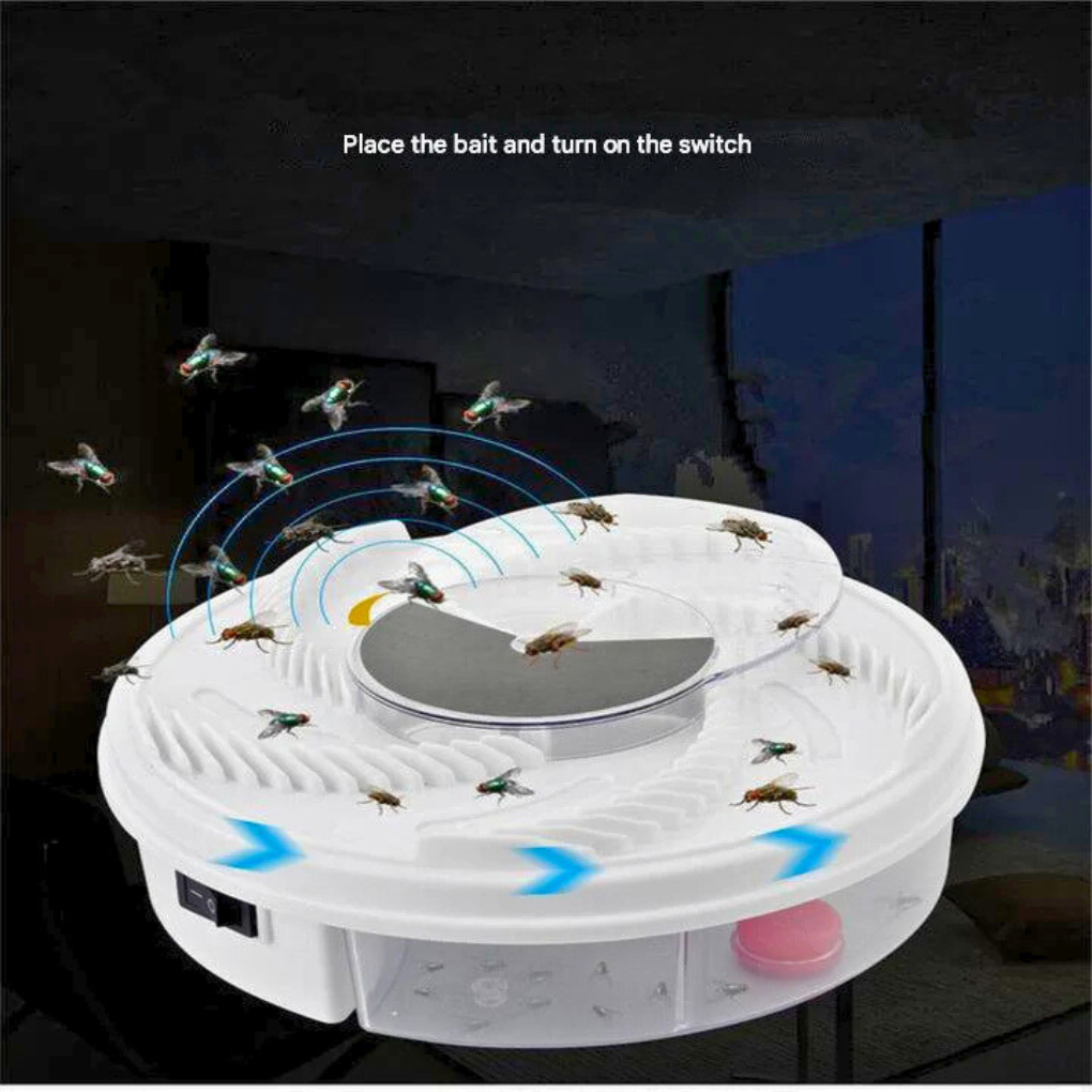 "Elektrisk fluefanger, kjemikaliefri og stille, med roterende system, hvit plast, USB-drevet for innendørs bruk."