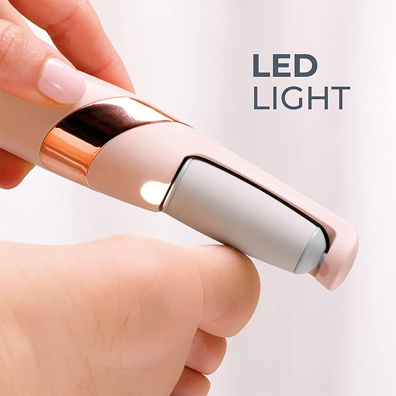 "Elektrisk fotsliper med rosa design, LED-lys og USB-lading for pleie av stive hæler og myke tær, har ergonomisk grep."